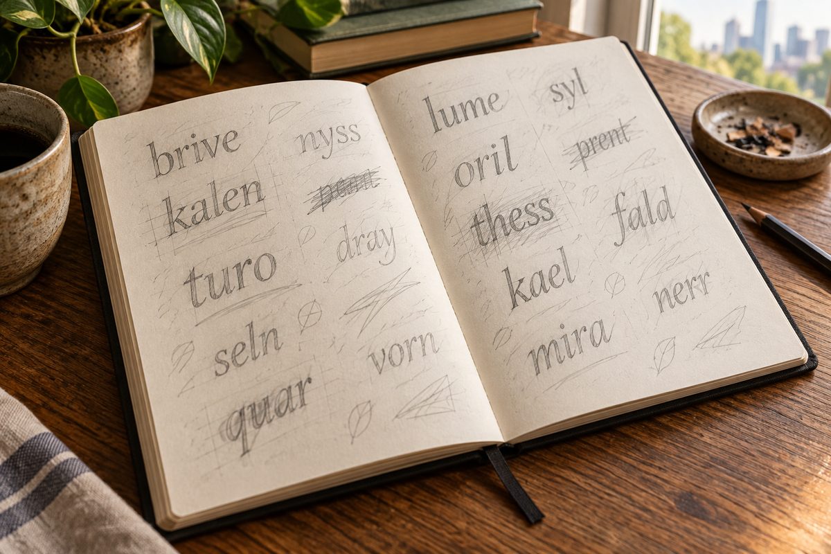 Open notebook with pencil letterform sketches and crossings-out