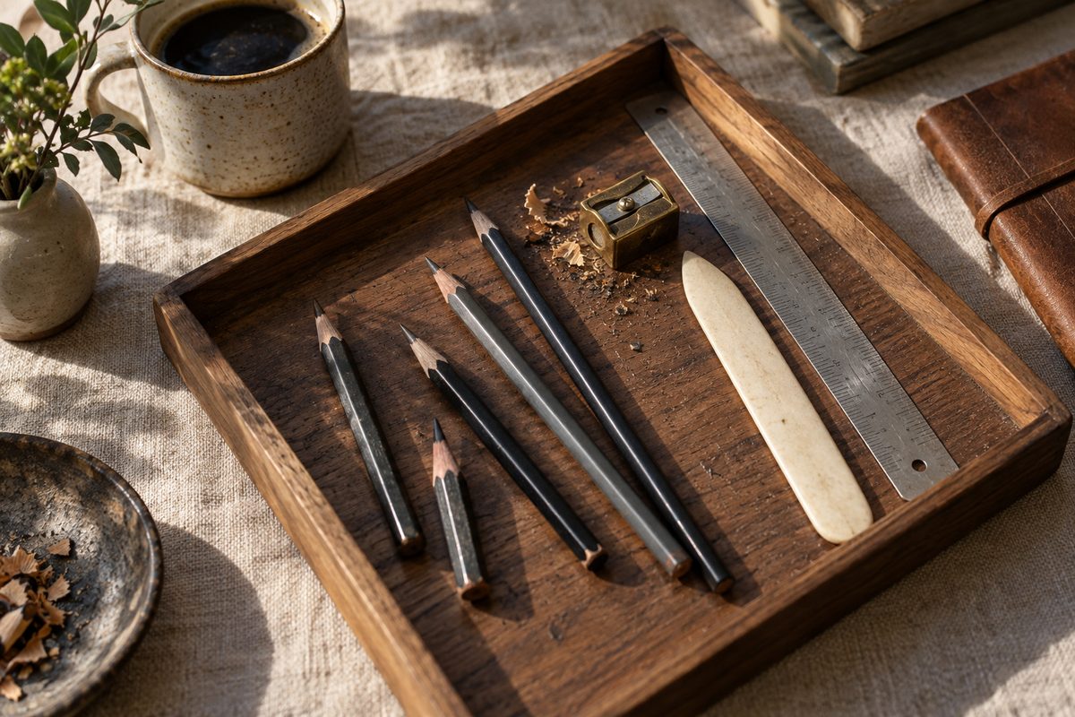 Wooden tray of pencils, a brass sharpener, a bone folder and a steel ruler