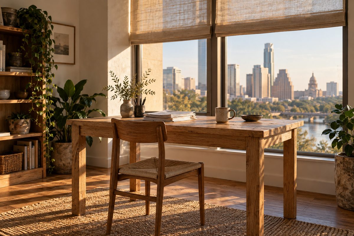 Oak work table under a tall window with paper and a ceramic mug