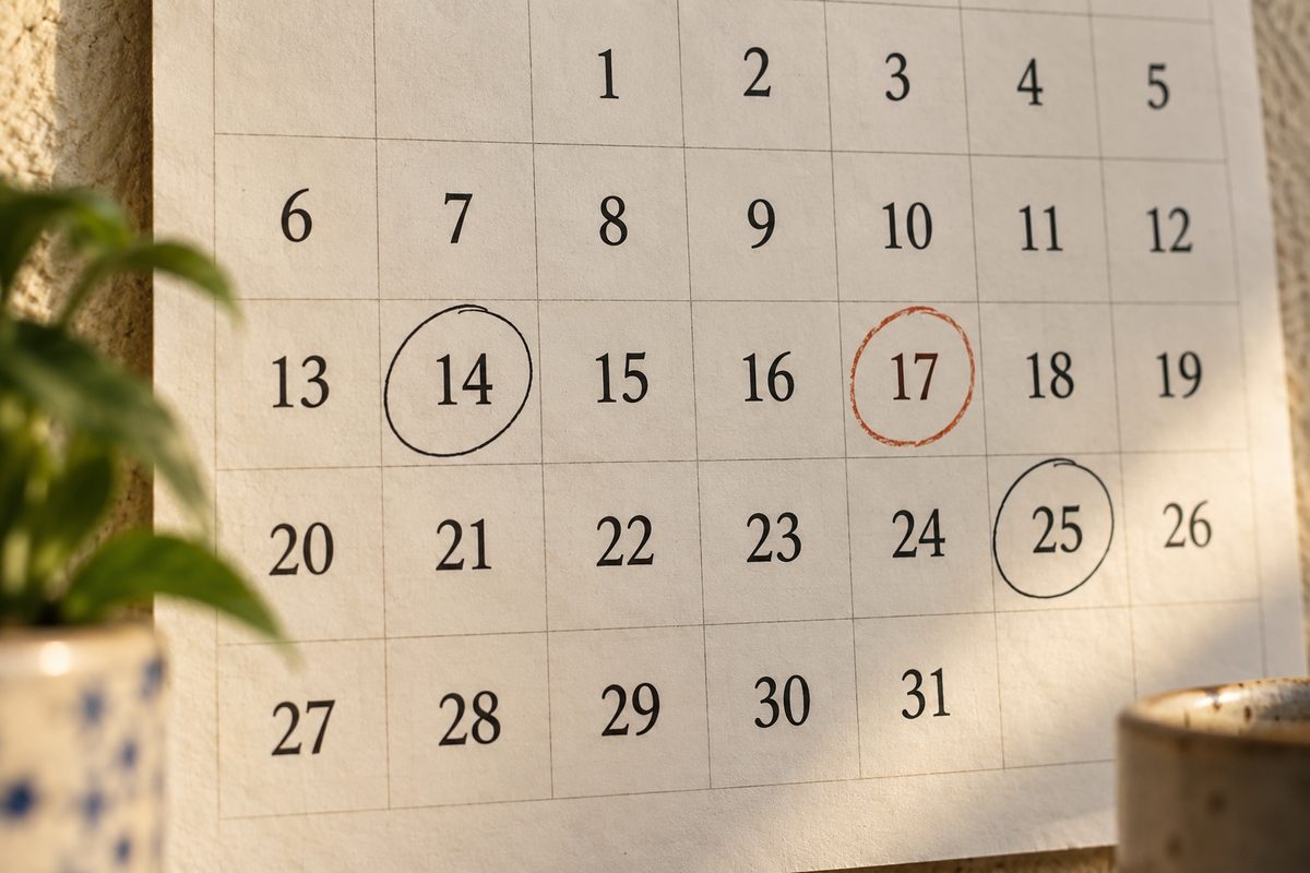 Paper calendar page with dates circled in ink and one in red pencil