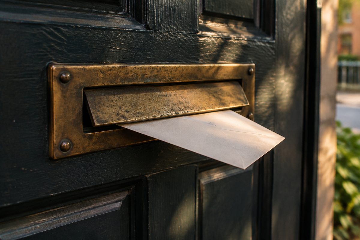 Envelope pushed halfway through a brass mail slot in a dark wooden door