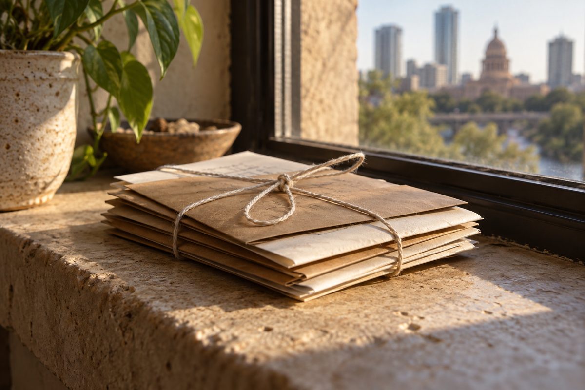 Kraft envelopes tied with string on a limestone windowsill