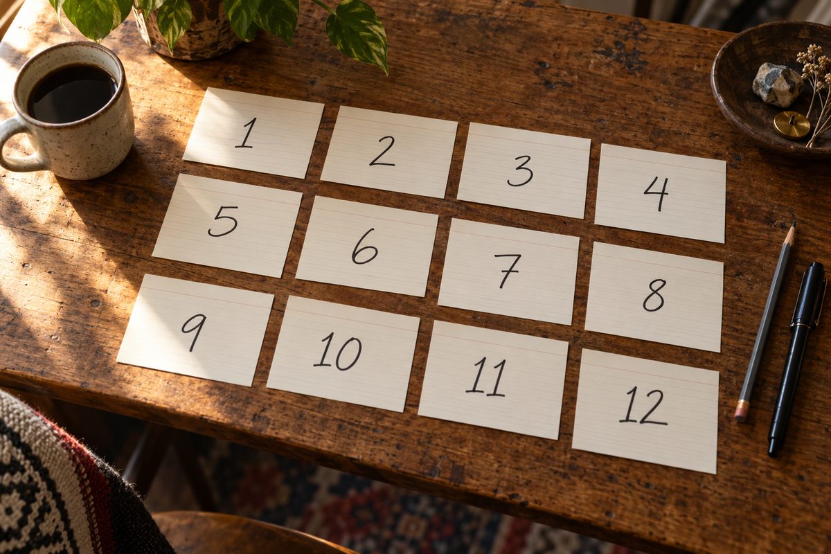 Cream index cards with large hand-inked numerals laid out on an oak table