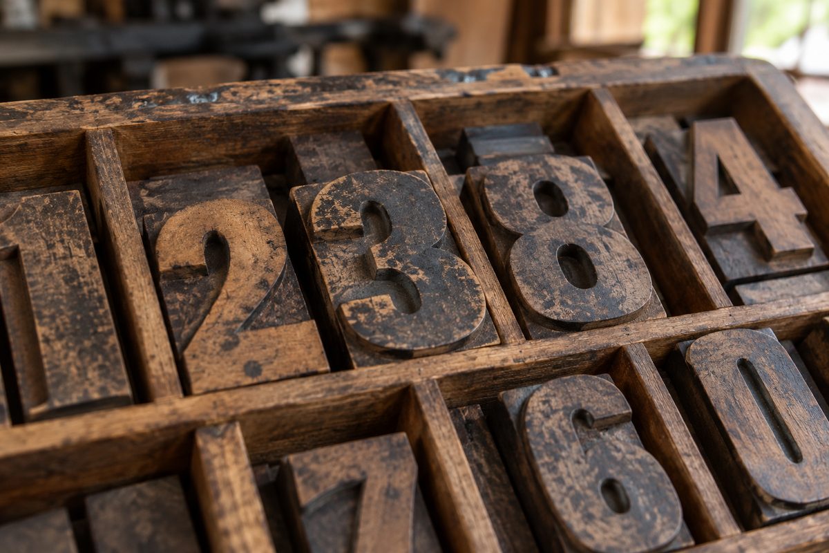Worn wooden letterpress numerals in a type case