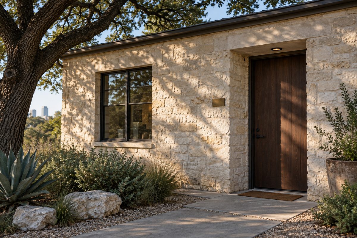 Pale limestone wall and dark wood door of a small office suite in Austin