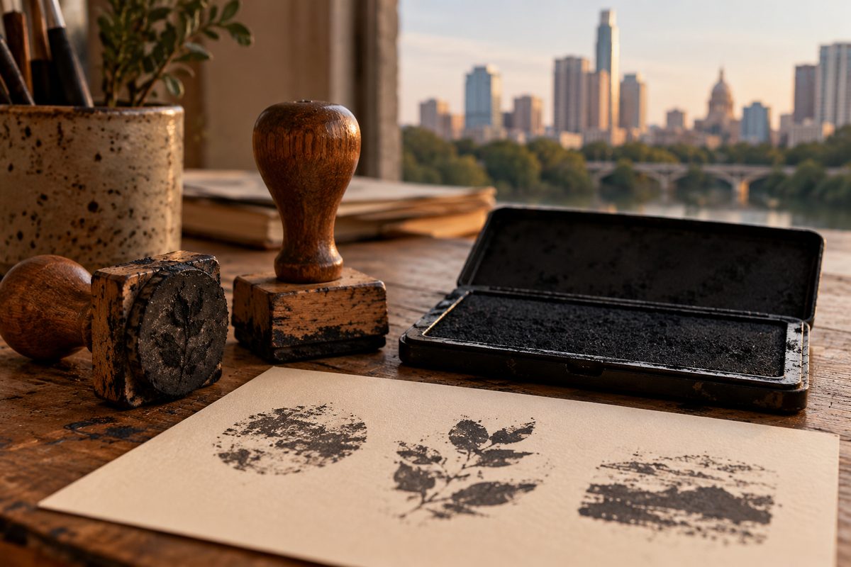 Wooden rubber stamps beside a black ink pad and test impressions
