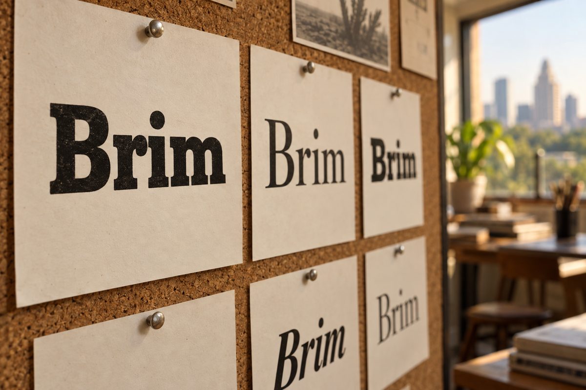 Printed specimen sheets of a short word in several typefaces pinned to cork
