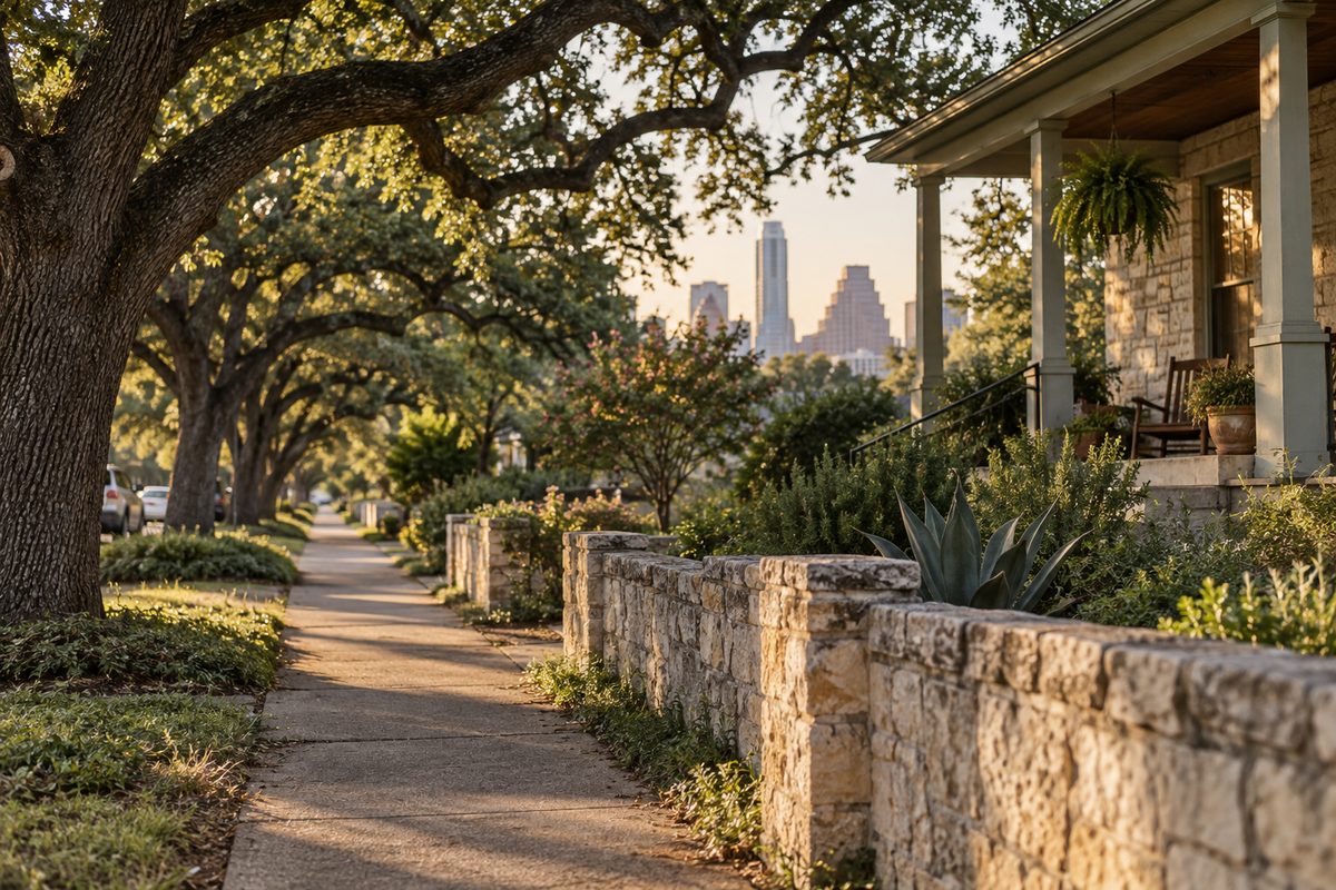 Live oaks over a quiet side street in Austin in late afternoon