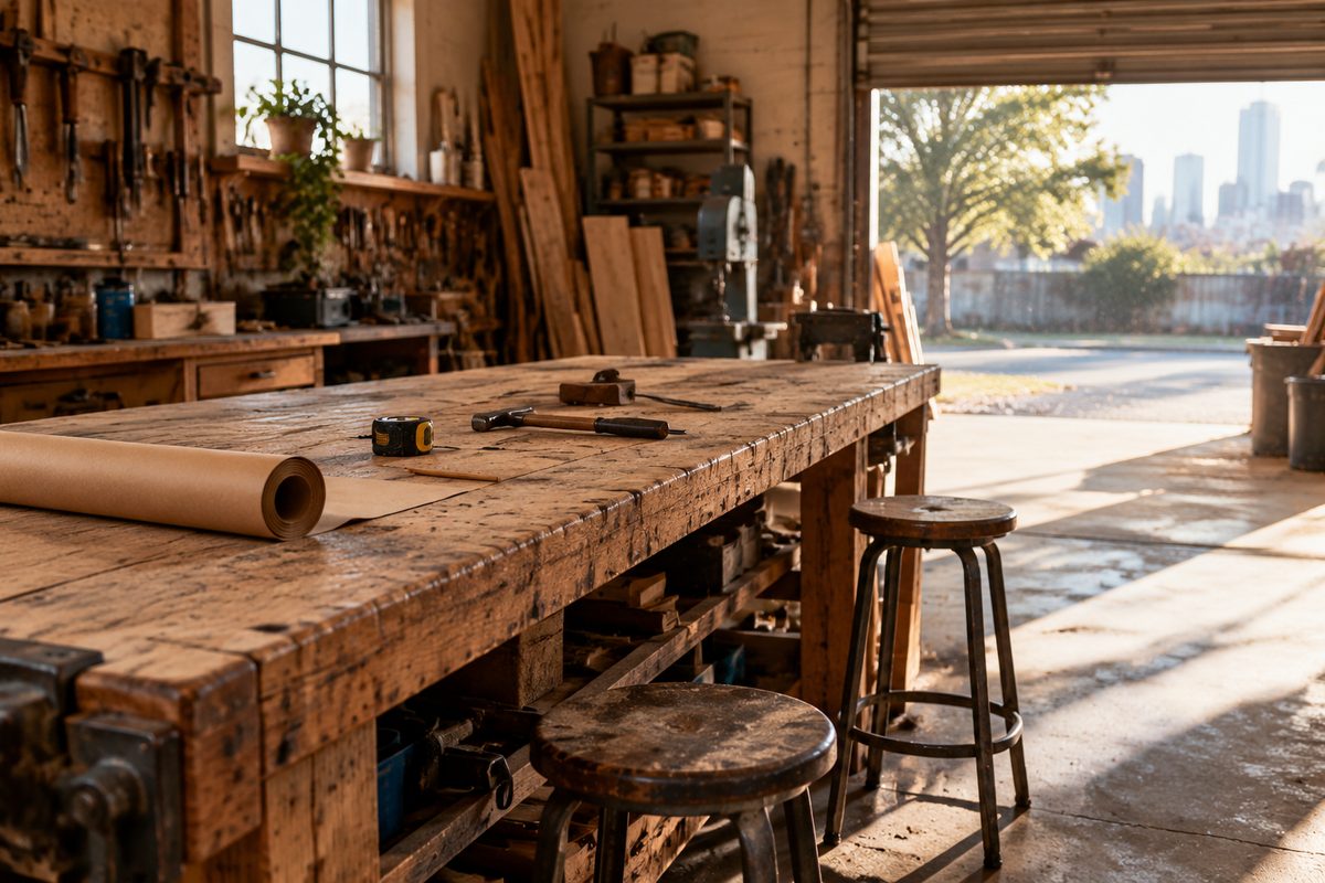 Long wooden workbench with two stools and kraft paper in a small workshop