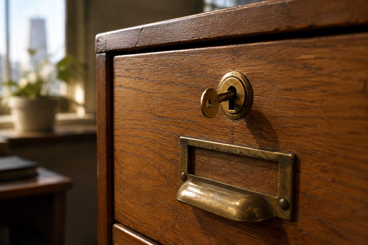 Oak filing drawer with a brass key in the lock