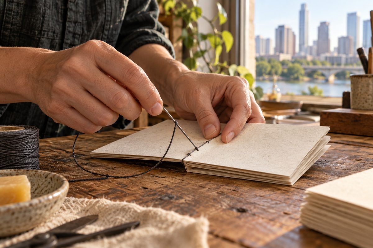 Hands sewing a folded paper pamphlet with waxed linen thread
