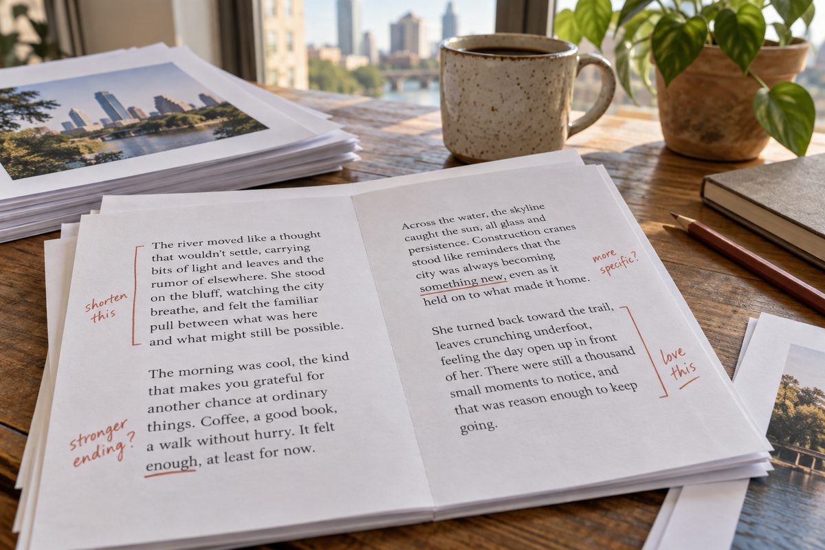 Proof sheets of a small booklet with pencil corrections in the margins