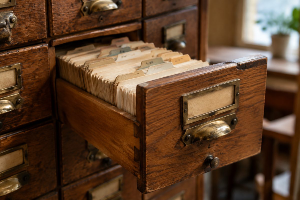 Open oak card catalogue drawer full of worn index cards