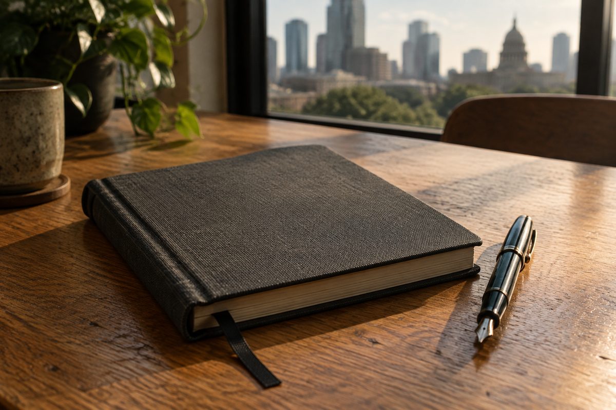 Charcoal cloth-bound ledger with a ribbon marker and a fountain pen