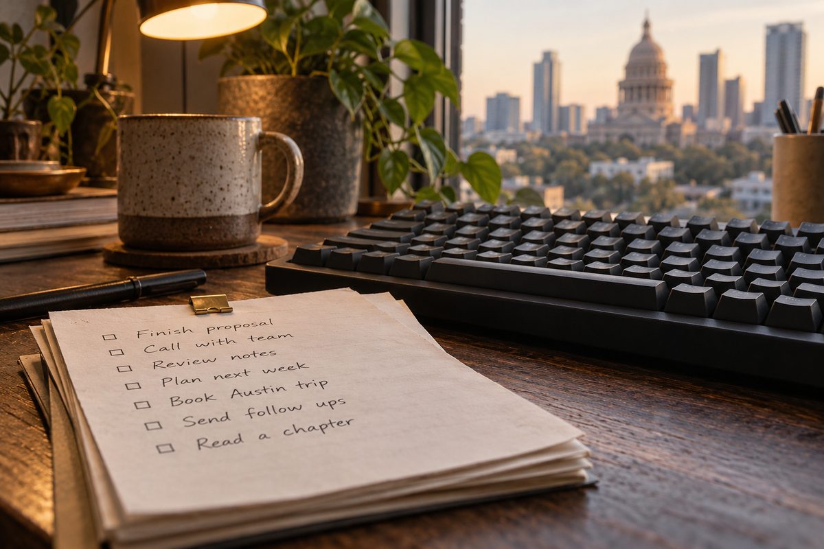 Charcoal mechanical keyboard behind a stack of handwritten notes